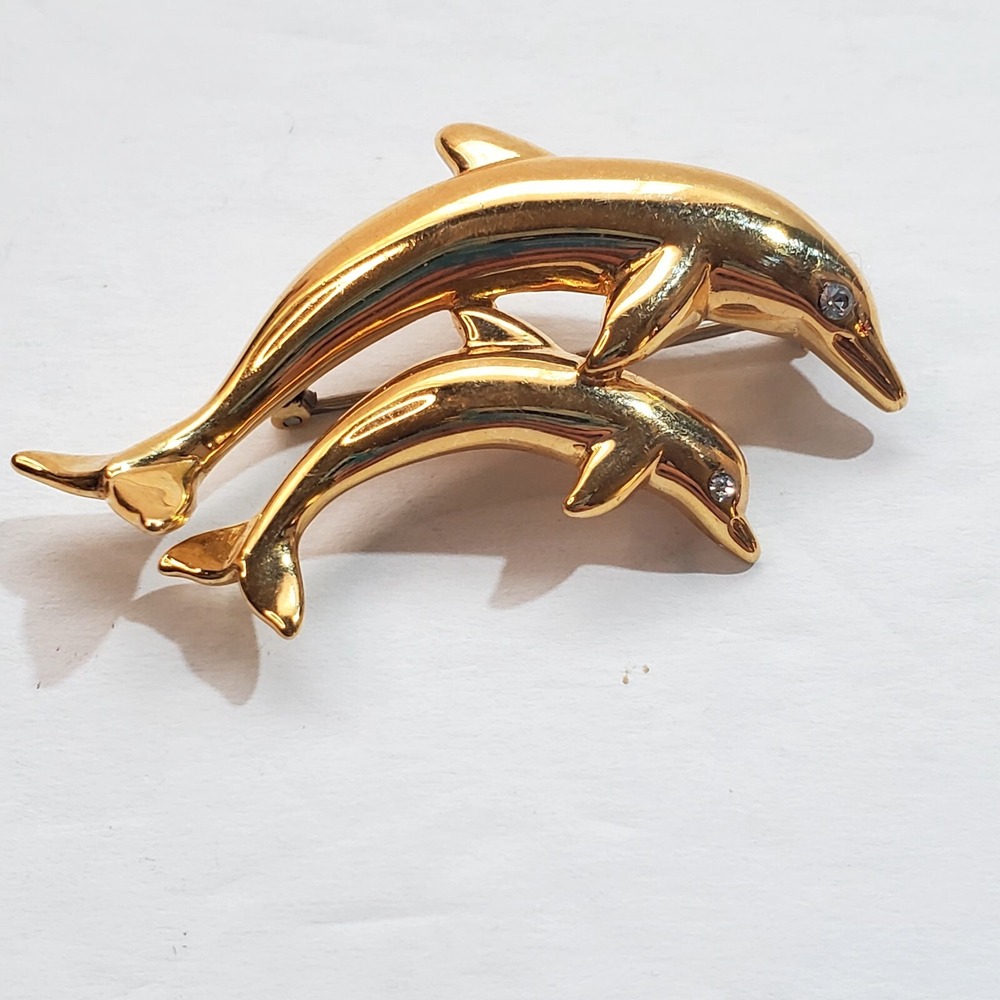 Vintage Krementz Gold Tone Rhinestone Eyes Mama and Baby Dolphin Brooch Pin